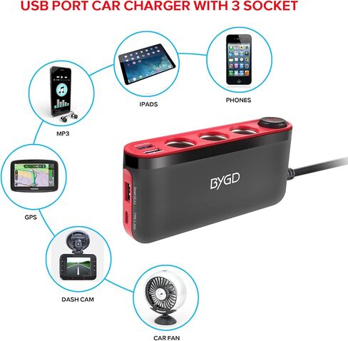 BYGD موزع ولاعة السجائر، QC3.0 18 وات محول ولاعة سجائر السيارة 3 مقابس USB منفذ شاحن سيارة قوة ولاعة السجائر مقسم محول مقسم السيارة الجهد الكهربي نوع C 12-24 فولت in Kuwait