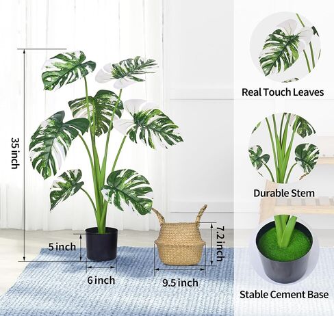 35 بوصة 2 حزمة من النباتات الاصطناعية، نباتات Monstera Deliciosa المزيفة مع سلة أعشاب بحرية مصنوعة يدويًا، أشجار النخيل الاستوائية الصناعية لتزيين غرفة المنزل في الأماكن المغلقة والخارجية (عبوتان) in Kuwait