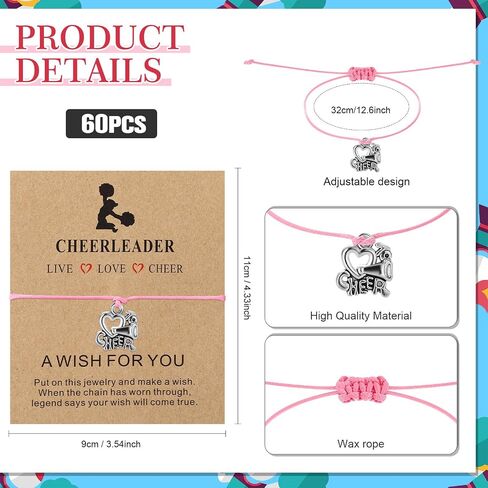 60 Pcs Cheerleader Gifts Adjustable Cheer Bracelets Card Bulk Cheerleading Jewelry for Team Women Men Accessories, 3 Styles in Saudi Arabia