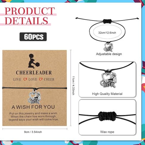 60 Pcs Cheerleader Gifts Adjustable Cheer Bracelets Card Bulk Cheerleading Jewelry for Team Women Men Accessories, 3 Styles in Saudi Arabia