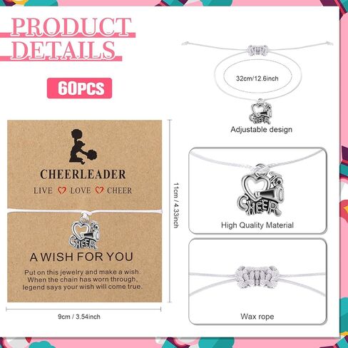 60 Pcs Cheerleader Gifts Adjustable Cheer Bracelets Card Bulk Cheerleading Jewelry for Team Women Men Accessories, 3 Styles in Saudi Arabia