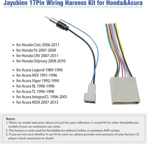 Jayubein Radio Wiring Harness Replacement for Honda-Accord-Civic-CRV-Odyssey-Insight-Pilot-Element-Ridgeline 20Pin Stereo Wire Harness Connector with Radio Antenna Adapter in Saudi Arabia
