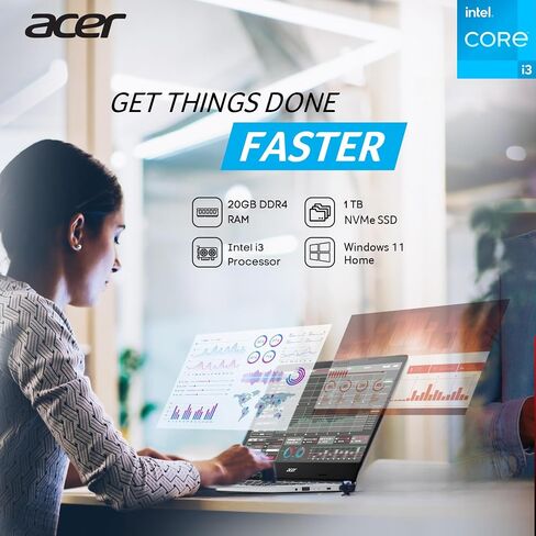 كمبيوتر محمول acer Aspire 3 Slim Essential، شاشة 15.6 بوصة عالية الدقة بالكامل، ذاكرة وصول عشوائي 20 جيجابايت، تخزين SSD 1 تيرابايت، معالج Intel Core i3، HDMI، عمر بطارية طويل، Windows 11، Microsoft 365 لمدة عام، أزرق مخضر in Saudi Arabia