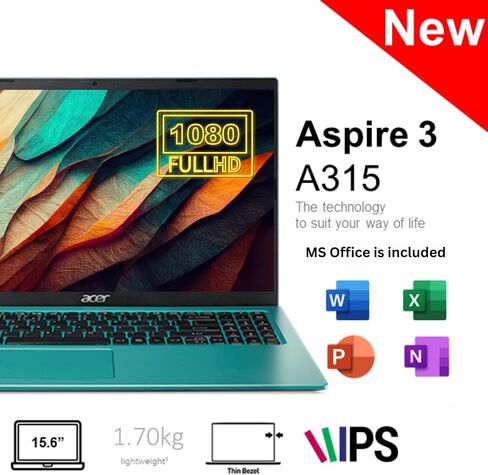 كمبيوتر محمول acer Aspire 3 Slim Essential، شاشة 15.6 بوصة عالية الدقة بالكامل، ذاكرة وصول عشوائي 20 جيجابايت، تخزين SSD 1 تيرابايت، معالج Intel Core i3، HDMI، عمر بطارية طويل، Windows 11، Microsoft 365 لمدة عام، أزرق مخضر in Saudi Arabia
