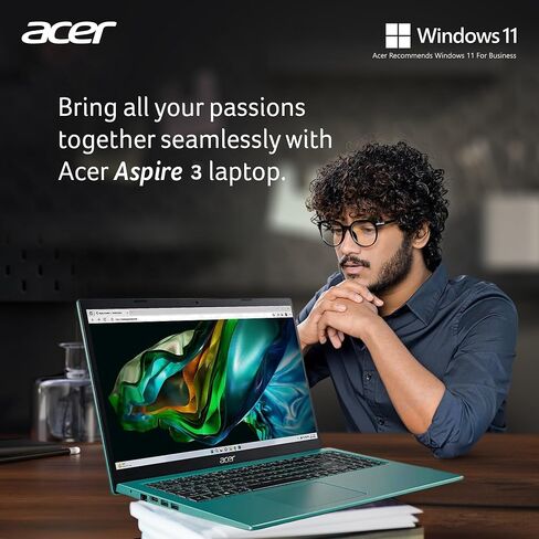 كمبيوتر محمول acer Aspire 3 Slim Essential، شاشة 15.6 بوصة عالية الدقة بالكامل، ذاكرة وصول عشوائي 20 جيجابايت، تخزين SSD 1 تيرابايت، معالج Intel Core i3، HDMI، عمر بطارية طويل، Windows 11، Microsoft 365 لمدة عام، أزرق مخضر in Saudi Arabia
