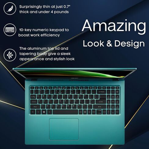 كمبيوتر محمول acer Aspire 3 Slim Essential، شاشة 15.6 بوصة عالية الدقة بالكامل، ذاكرة وصول عشوائي 20 جيجابايت، تخزين SSD 1 تيرابايت، معالج Intel Core i3، HDMI، عمر بطارية طويل، Windows 11، Microsoft 365 لمدة عام، أزرق مخضر in Saudi Arabia