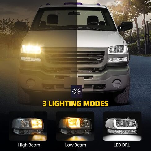 DWVO LED DRL Headlight Assembly Compatible with 1999-2006 GMC Sierra 1500 2500/2007 GMC Sierra 1500&1500HD&2500HD&3500 Classic / 00-06 Yukon Headlamps Black Housing Amber Reflector in Saudi Arabia
