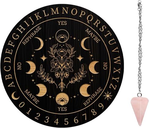 AHANDMAKER 7.8" Witch Pendulum Board, Wooden Dowsing Planchette with Rose Quartz Crystal Dowsing Pendulums Witchcraft Divination Tools for Spirit Altar Decoration - Moon Phases & Eye in Kuwait