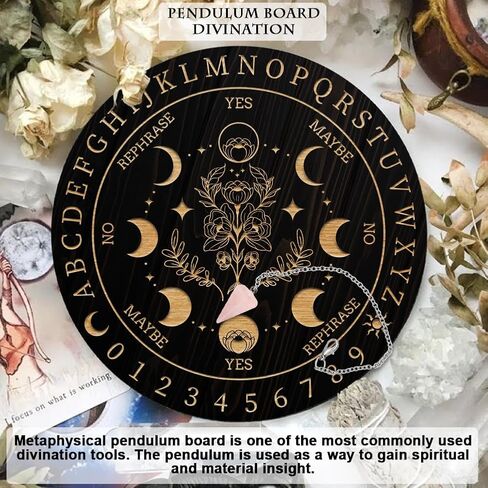 AHANDMAKER 7.8" Witch Pendulum Board, Wooden Dowsing Planchette with Rose Quartz Crystal Dowsing Pendulums Witchcraft Divination Tools for Spirit Altar Decoration - Moon Phases & Eye in Kuwait