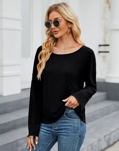 قمصان نسائية خريفية بأكمام طويلة من CLOCOR وأكمام منتفخة ورقبة دائرية وبلوزات فضفاضة غير رسمية بلون سادة وبلوفرات in Kuwait