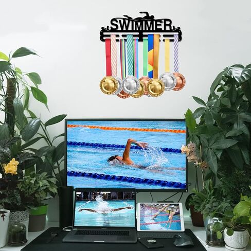 SUPERDANT 4 نمط السباحة ميدالية عرض الرف السباحة يطير الظهر الثدي الحرة ميدالية حامل الحديد هوك الإطار الشريط الحائط حامل جائزة ل 40+ السباحة ميدالية معدنية شماعات in Kuwait