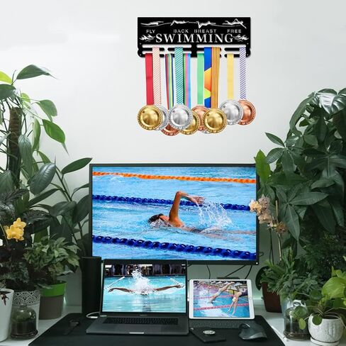 SUPERDANT 4 نمط السباحة ميدالية عرض الرف السباحة يطير الظهر الثدي الحرة ميدالية حامل الحديد هوك الإطار الشريط الحائط حامل جائزة ل 40+ السباحة ميدالية معدنية شماعات in Kuwait