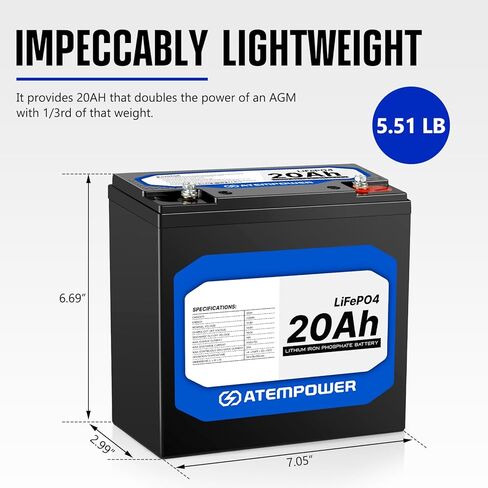 ATEM POWER بطارية ليثيوم 12 فولت 20 أمبير LiFePO4 فوسفات شحن سريع بطارية دورة عميقة قابلة لإعادة الشحن مع BMS مدمج مثالي لمكتشف الأسماك، عجلات الطاقة، السكوتر، الضوء، السيارة الإلكترونية للأطفال in Kuwait