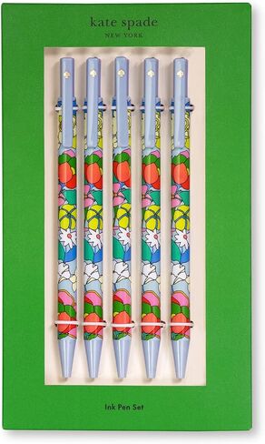 Kate Spade New York Black Ink Pen Set of 5, Cute Plastic Click Pens, Dots and Stripes in Saudi Arabia