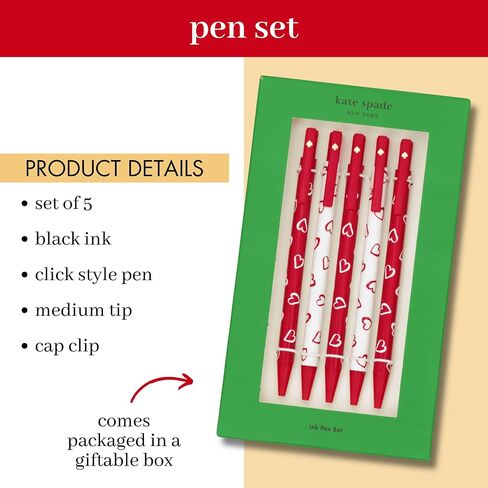 Kate Spade New York Black Ink Pen Set of 5, Cute Plastic Click Pens, Dots and Stripes in Saudi Arabia