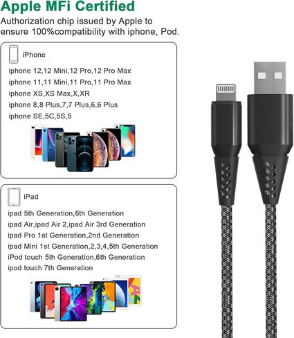 سلك شاحن iPhone 20FT/6M [معتمد من Apple MFi] كابل Lightning طويل للغاية سلك شحن iPhone مضفر من النايلون سريع كابل شاحن Apple 2.4A لهاتف iPhone 12 11 Pro X XS Max XR/8 Plus/7 Plus/6/6s Plus in Saudi Arabia
