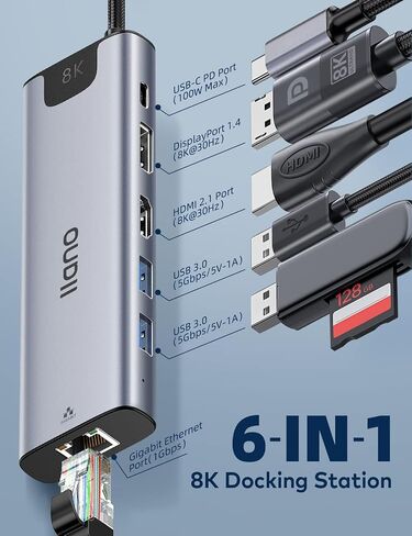 USB C to Displayport Docking Station, Dual Monitor [Ultra HD 8K@30Hz] 6 in 1 USB C Hub for MacBook/Lenovo/Dell/HP/Surface/TV/iPad Laptop Computer, HDMI2.1, 100W Powerful PD, Ethernet, 5Gbps USB 3.0 in Saudi Arabia