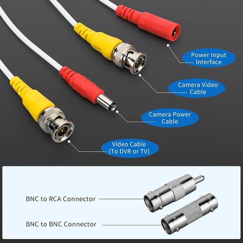 1 حزمة 25ft أبيض BNC فيديو كابل الطاقة كابل كاميرا الأمن سلك سلك لنظام مراقبة CCTV DVR مع موصلات (BNC أنثى وBNC إلى RCA) (أبيض، 25FT) in Kuwait