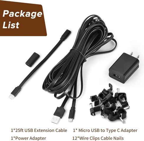 كابل طاقة 25FT/7.5M مع محول متوافق مع كاميرا Vision Well، كابل شحن USB مقاوم للطقس يوفر مصدر طاقة مستمر، سلك طاقة مسطح - أسود in Kuwait