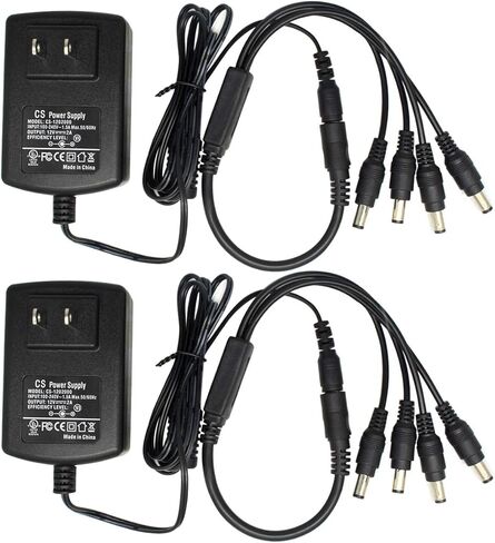 2 حزمة من التيار المتردد إلى تيار مستمر 12 فولت 2 أمبير مع كابل مقسم من 1 إلى 4، قابس 5.5 مم × 2.1 مم، لكاميرا أمان شرائط الضوء LED، مستوى الكفاءة السادس in Kuwait