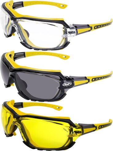 Global Vision 3 Pairs Octane Motorcycle Sunglasses Riding Glasses for Men or Women Z87.1 Anti fog One-Piece Lens w/Removable Gasket in Clear Smoke & Yellow Lenses in Saudi Arabia