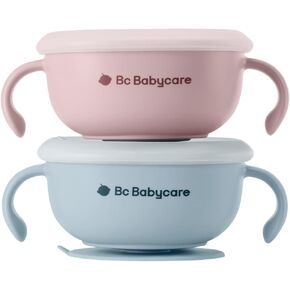 bc babycare 3-in-1 Baby Bowls with Ergonomic Handle, Spill-Proof Toddler Suction Bowls, Built-in Straw with Filter, Microwave & Dishwasher Safe, Pink & Green