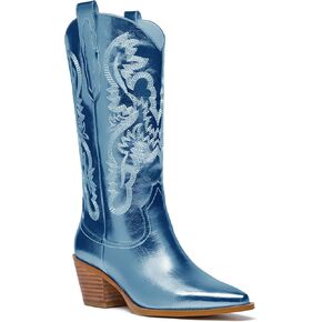 RKQ Women's Sparkle Metallic Mid Calf Cowboy Boots Glitter Wide-calf Embroidered Cowgirl Boots Western Booties Pointed Toe Chunky Block Heel Pull On Tabs classic sexy party Boots