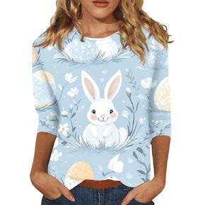 Womens 3/4 Sleeve Shirts Loose Plus Size Tees Blouses Fashion Round Neck T Shirt Casual Easter Cute Print Tops