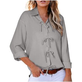 Womens Button Down Shirts Long Sleeve Bow Tie Front V Neck Collared Casual Blouse Oversized Shirt Business Work Tops