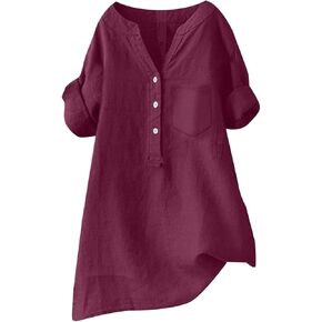 Women's Cotton Linen Shirts 2025 Buttons V Neck Long Sleeve Pockets Tshirt Trendy Dressy Blouses Casual Tunic Tops