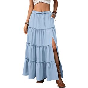 Elleven للسيدات الصيفية الشق المستوى Maxi Skirt - Boho A -Line Lonastic Charts مع جيوب in Kuwait