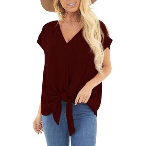 JEsilunmaMY Womens Pocket Tie Front T-Shirts Short Sleeve V Neck Knot Casual Blouses Solid Color Loose Summer Shirt Tops