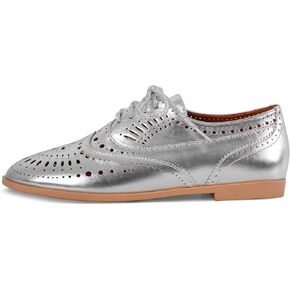 Women's Metallic Leather Oxfords Perforated Lace-up Wingtips Flats Chic Casual Brogue Dress Shoes