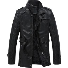 Maiyifu-GJ Men Faux Pu Leather Trench Coat Single Breasted Slim Stand Collar Jacket Lightweight Buttons Windproof Overcoat