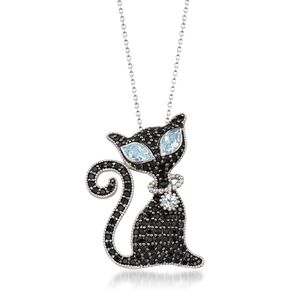 Ross-Simons 2.00 ct. t.w. Black Spinel and 1.40 ct. t.w. Blue and White Topaz Cat Pin/Pendant Necklace in Sterling. 18 inches