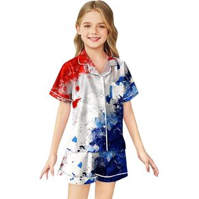 Toddler Baby Girl 4Th of July Pajamas Patriotic Stars Stripes Short Sleeve Shirts+Shorts Pjs Summer Girls Sleepwear Suit