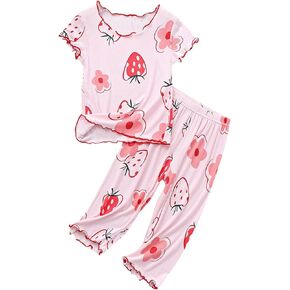 Baby Sleepers Summer Girl Thin Pajamas Strawberry Pattern Wooden Ear Edge Short Sleeve Set Home Clothes Baby Girl
