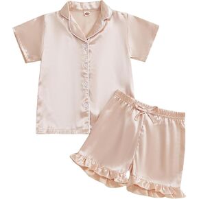 MAINESAKA Toddler Baby Girl Boy Satin Pajamas Set 2Pcs Button Down Pjs Solid Color Short Sleeve Silk Top And Shorts Sleepwear