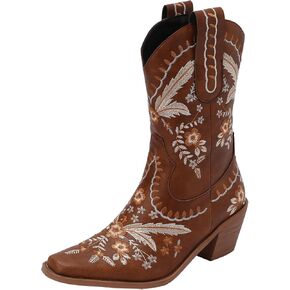 Women's Western Cowboy Booties with Chunky Heels and Pointed Toe
