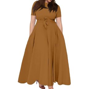 Women's Spring Summer Wedding Guest Casual Short Sleeve Crewneck Maxi Pleated African Dress