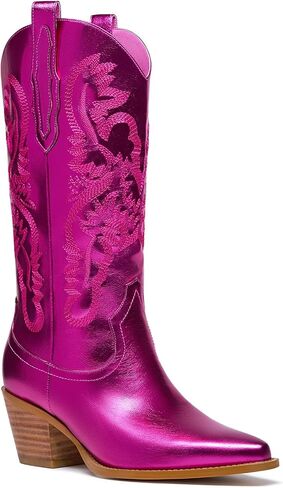 RKQ Women's Sparkle Metallic Mid Calf Cowboy Boots Glitter Wide-calf Embroidered Cowgirl Boots Western Booties Pointed Toe Chunky Block Heel Pull On Tabs classic sexy party Boots in Kuwait