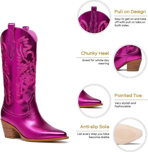 RKQ Women's Sparkle Metallic Mid Calf Cowboy Boots Glitter Wide-calf Embroidered Cowgirl Boots Western Booties Pointed Toe Chunky Block Heel Pull On Tabs classic sexy party Boots in Kuwait