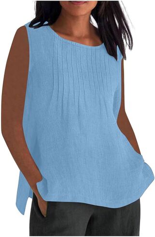 Cotton Linen Tank Top for Women Summer Vacation Lounge Tops Loose Fit Pleated Sleeveless Scoop Neck Shirt Beach Tee in Saudi Arabia