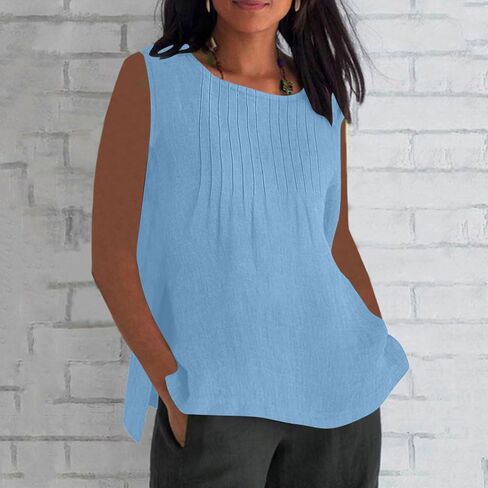 Cotton Linen Tank Top for Women Summer Vacation Lounge Tops Loose Fit Pleated Sleeveless Scoop Neck Shirt Beach Tee in Saudi Arabia