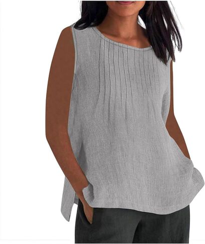 Cotton Linen Tank Top for Women Summer Vacation Lounge Tops Loose Fit Pleated Sleeveless Scoop Neck Shirt Beach Tee in Saudi Arabia