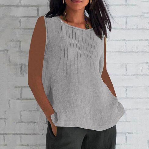 Cotton Linen Tank Top for Women Summer Vacation Lounge Tops Loose Fit Pleated Sleeveless Scoop Neck Shirt Beach Tee in Saudi Arabia