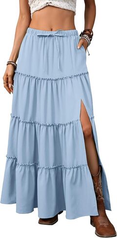 Elleven للسيدات الصيفية الشق المستوى Maxi Skirt - Boho A -Line Lonastic Charts مع جيوب in Kuwait
