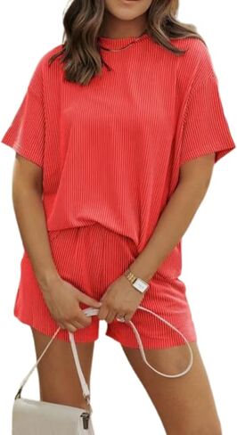 Women's 2 Piece Outfits Summer Tracksuit Ribbed Textured Knit Loose Lounge Shorts Set in Saudi Arabia