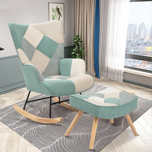 Patchwork Rocking Chair with Ottoman Upholstered Rocker Accent Chairs with High Backrest Small Glider Chair Comfy Side Armchair for Nursery Living Room Bedroom (Colorful, with Ottoman) in Saudi Arabia