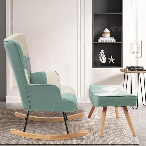Patchwork Rocking Chair with Ottoman Upholstered Rocker Accent Chairs with High Backrest Small Glider Chair Comfy Side Armchair for Nursery Living Room Bedroom (Colorful, with Ottoman) in Saudi Arabia